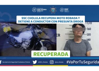 SSC de Cholula detiene a conductor de moto robada, llevaba droga