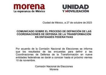 Morena aplaza hasta el 10 de noviembre definición de coordinadores estatales