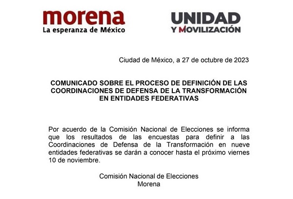 Morena aplaza hasta el 10 de noviembre definición de coordinadores estatales