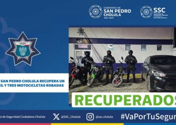 Policía de San Pedro Cholula recupera automóvil y 3 motocicletas robadas