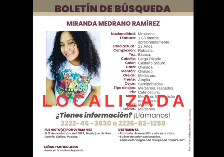 Localizan a Miranda N. de 13 años, había desaparecido el 12 de noviembre
