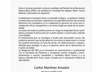 PRD condena atentado a su candidato a la alcaldía de Ajalpan y su esposa