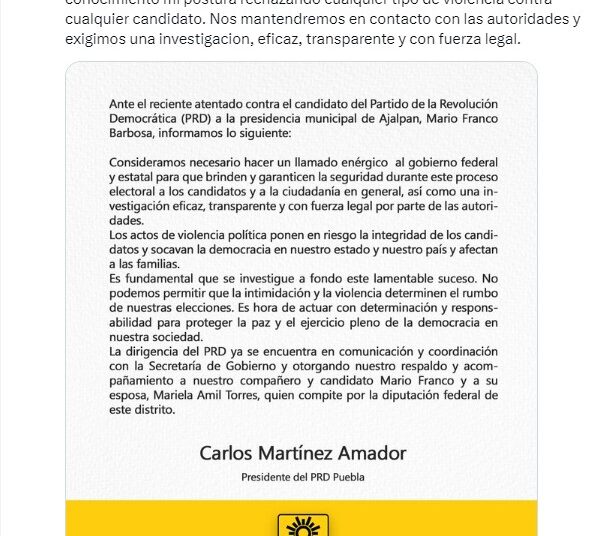 PRD condena atentado a su candidato a la alcaldía de Ajalpan y su esposa