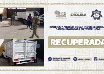 Marinos y policías de San Pedro recuperan camioneta robada en Texmelucan