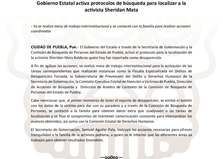 Gobierno Estatal activa protocolos de búsqueda para localizar a la activista Sheridan Mata