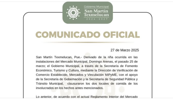 Tras riña, Ayuntamiento de Texmelucan clausuran locales