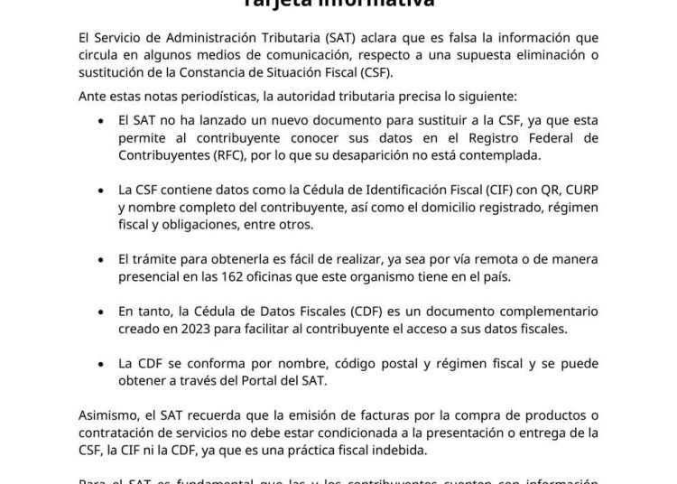 Constancia de Situación Fiscal no será sustituida por nuevo documento
