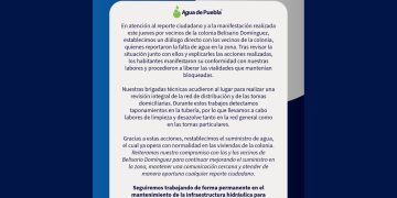Agua de Puebla restablece el suministro en la colonia Belisario Domínguez tras trabajos de limpieza y desazolve