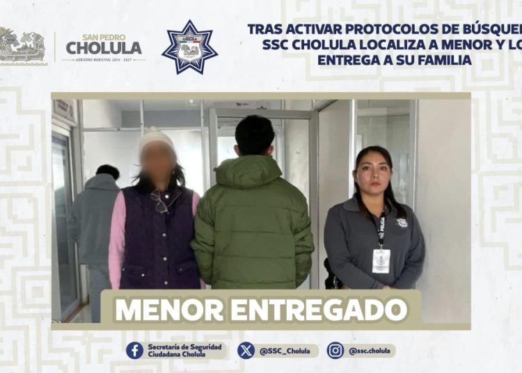 Tras activar protocolos de búsqueda, SSC Cholula localiza a menor y lo entrega a su familia