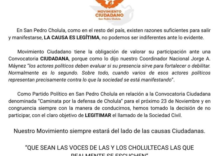 Movimiento Ciudadano de San Pedro Cholula decide no participar en la “Caminata por la Defensa de Cholula”