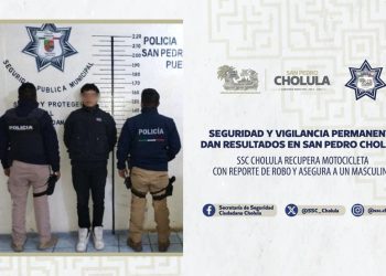 SSC Cholula recupera motocicleta con reporte de robo y asegura a un hombre