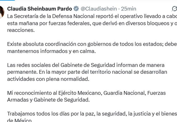 Sheinbaum llama a la calma tras violencia en México por muerte de ‘El Mencho’