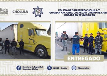 Policía de San Pedro Cholula y GN localizan unidad de carga robada en Texmelucan