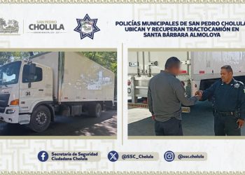 Policías de San Pedro Cholula ubican y recuperan tractocamión en Santa Bárbara Almoloya