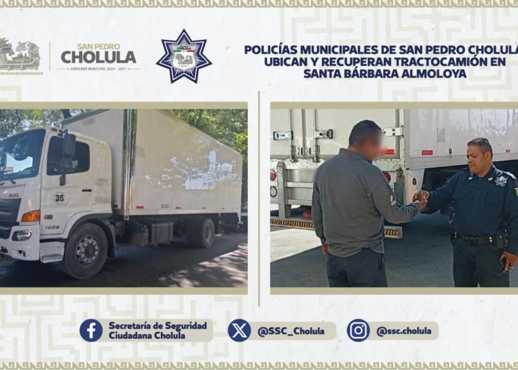 Policías de San Pedro Cholula ubican y recuperan tractocamión en Santa Bárbara Almoloya